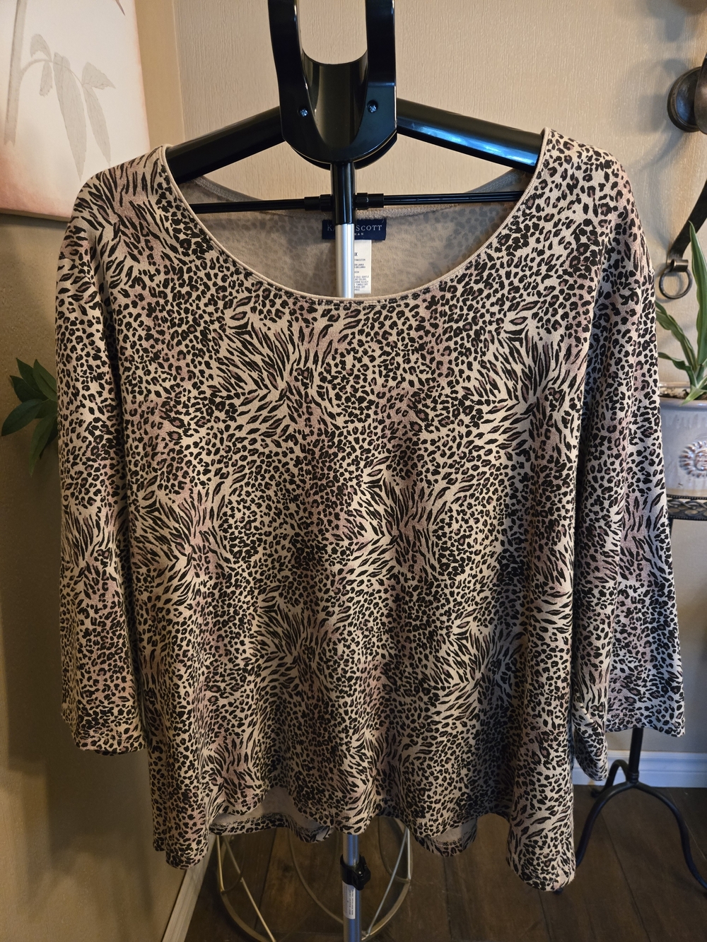 Karen Scott Plus Animal-Print 3/4 Sleeve Scoop Neck Top